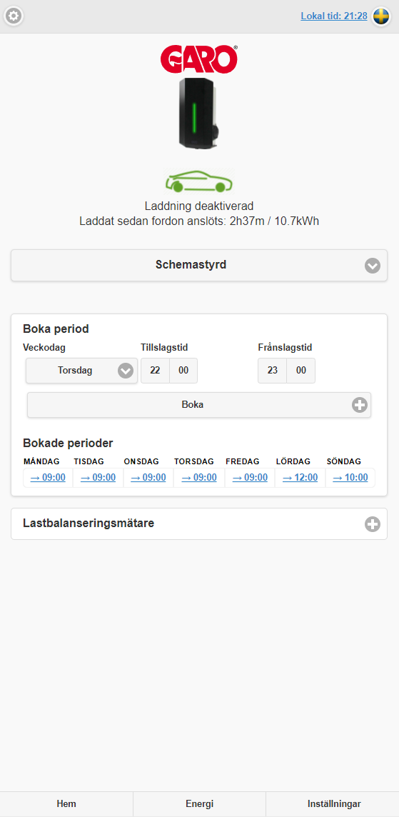 Startsidan i GARO GLB:s webbgränssnitt med schemastyrd laddning