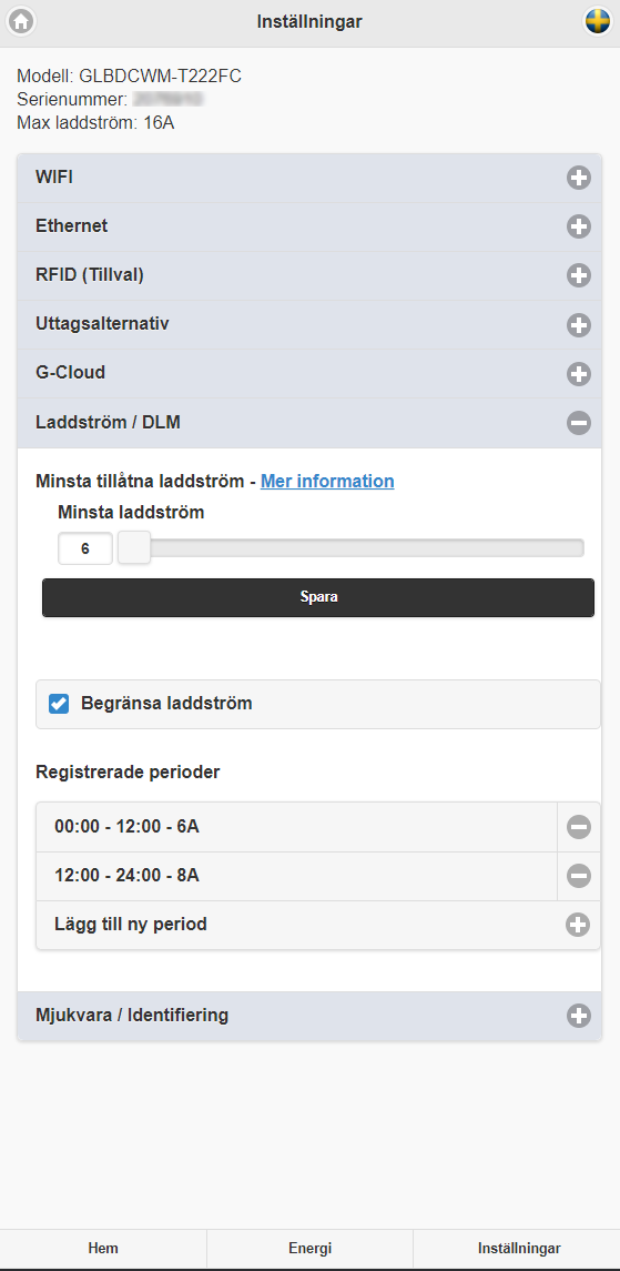 Inställningar för laddström och DLM i GARO GLB