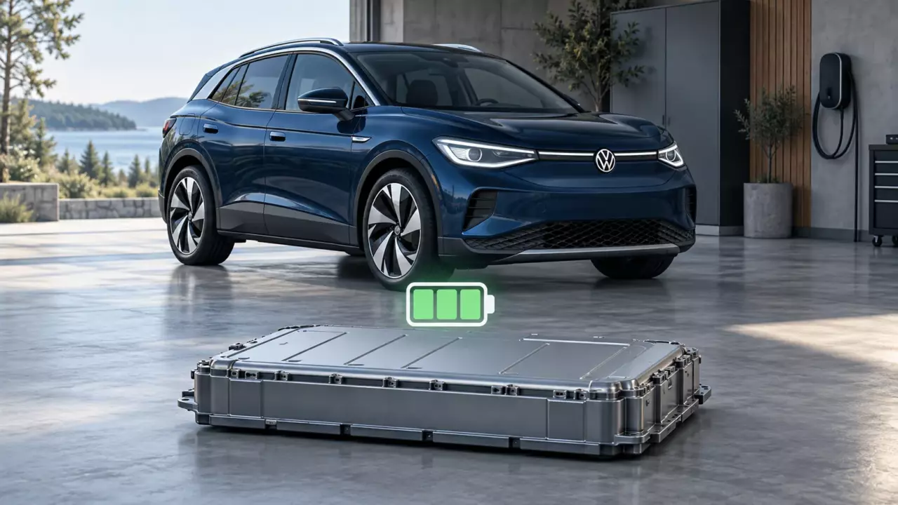Konceptuell AI-illustration av en ID.4 och ett slutet batteripaket.