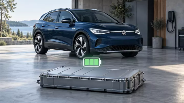 Konceptuell AI-illustration av en ID.4 och ett slutet batteripaket.