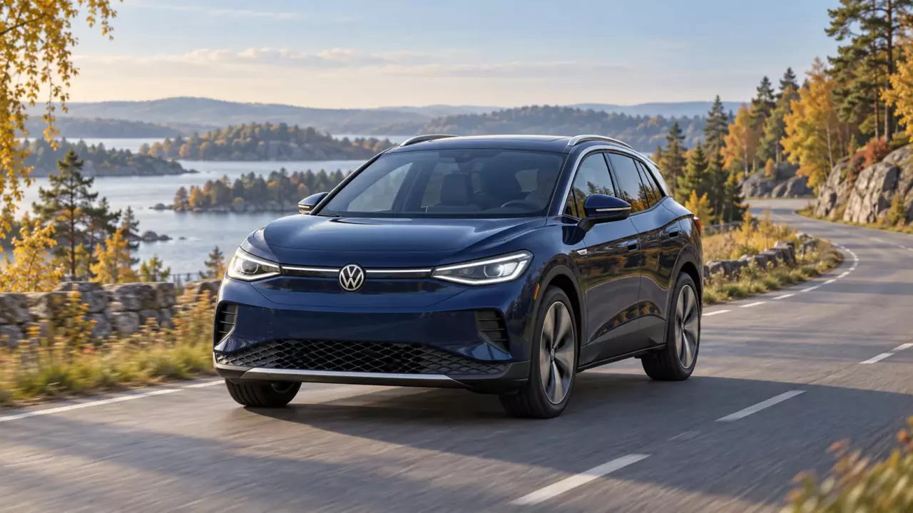 AI-illustration av en blå Volkswagen ID.4 på en kurvig landsväg vid en sjö.